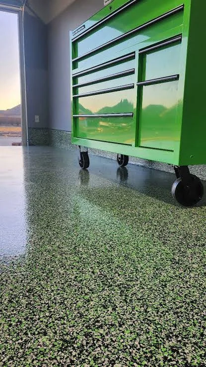 Neon green flake garage floor